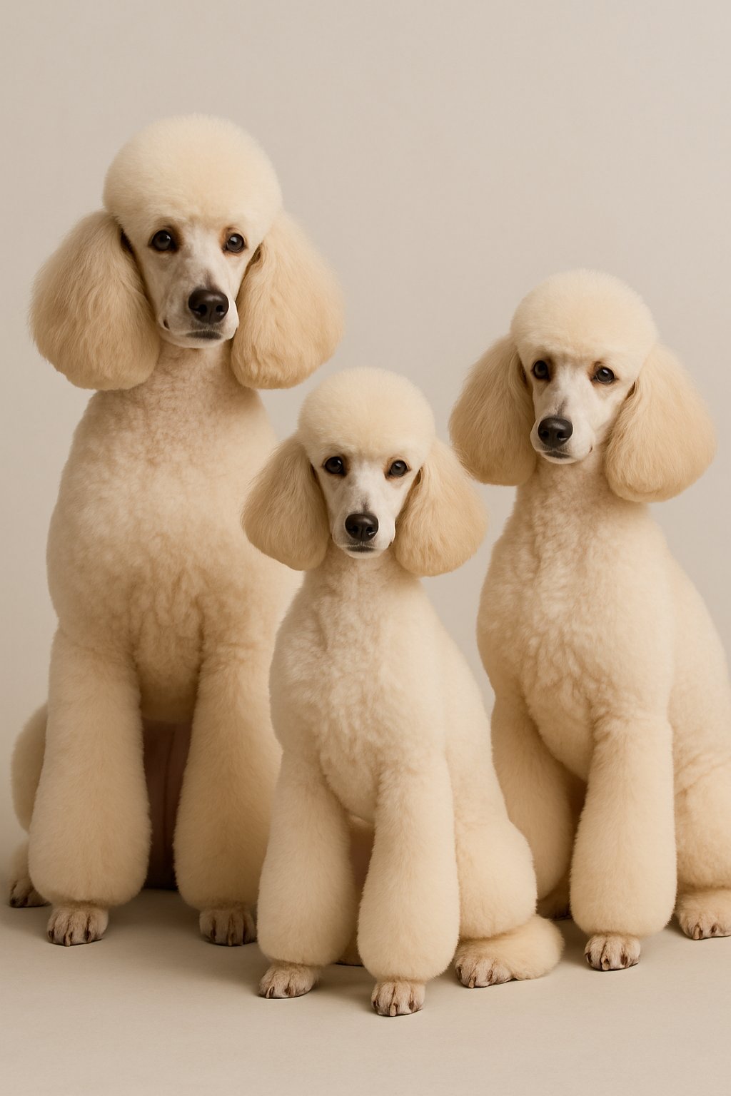 Three poodles with different lamb cut grooming styles posed against a plain background.