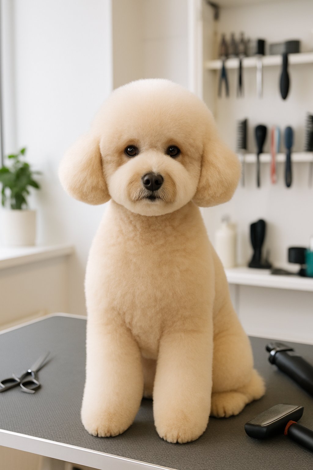 A poodle with a fluffy teddy bear cut sitting on a grooming table in a pet grooming salon.