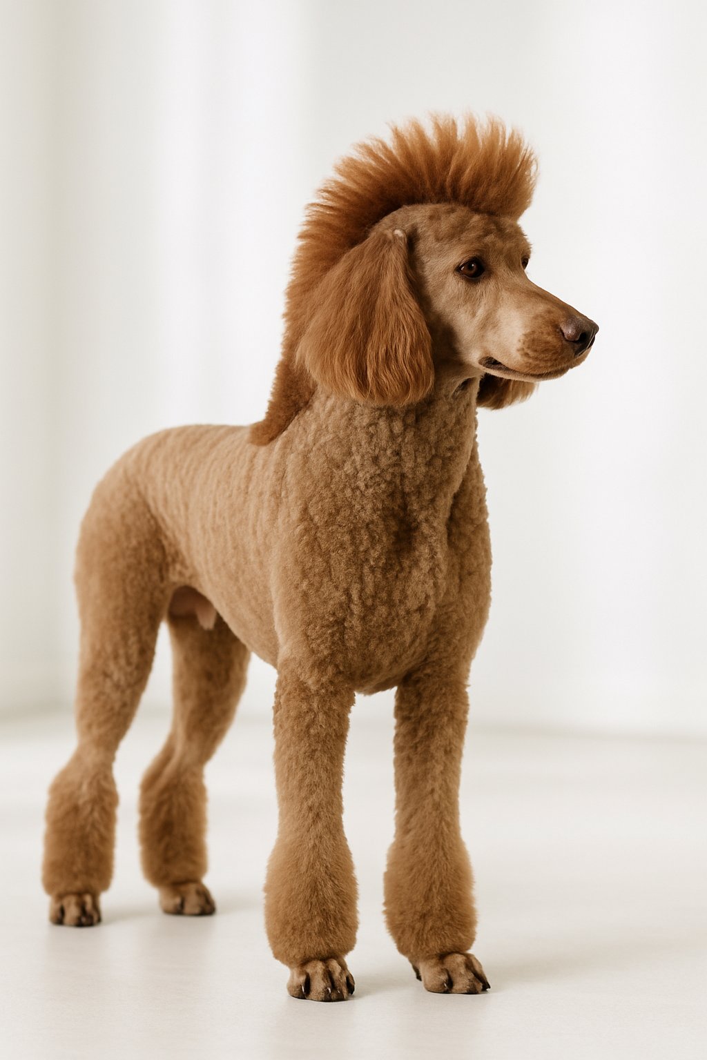 A poodle standing calmly in a bright studio with a unique hairstyle along its head and neck.