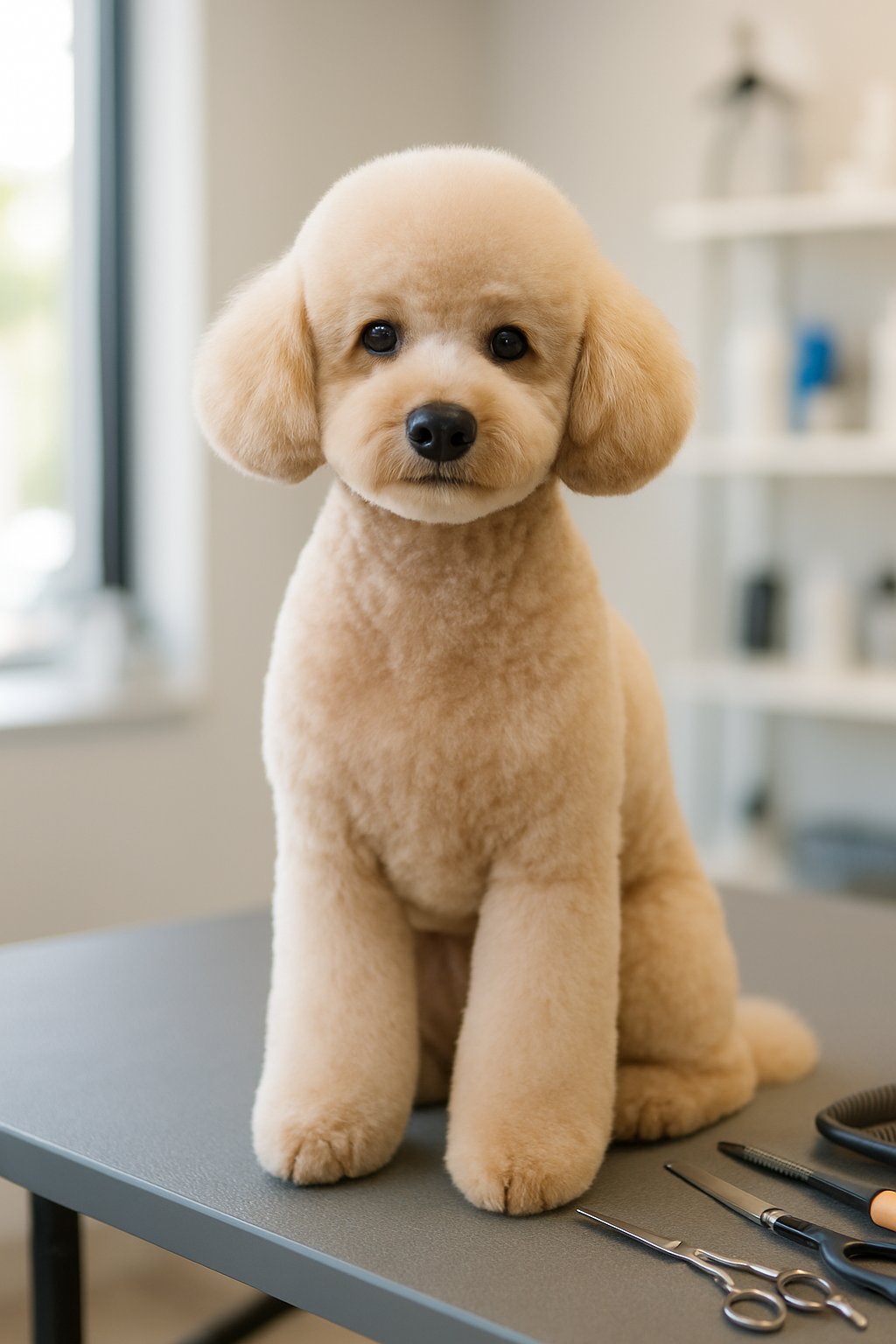 A poodle sitting on a grooming table in a bright pet grooming salon.