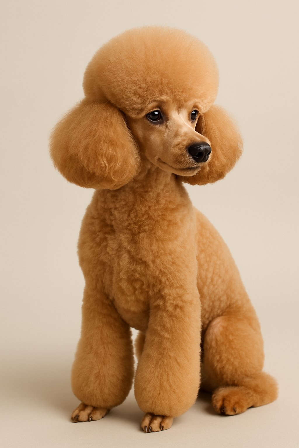 A poodle with a cupcake-style grooming cut standing calmly on a neutral background.