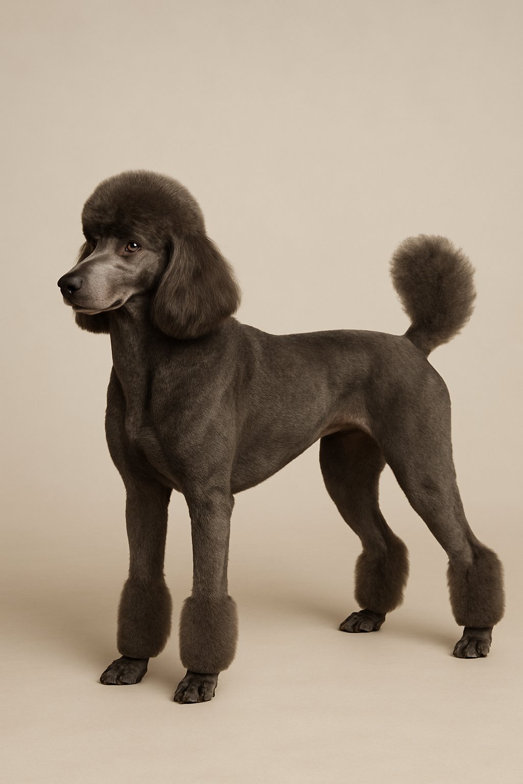 A well-groomed poodle standing on a plain background, showing its trimmed coat and natural stance.