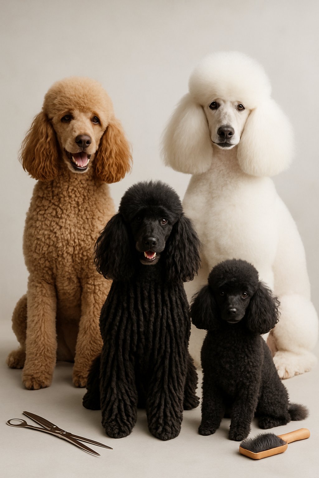 Several poodles with different coat types and grooming styles posed together in a bright studio setting.