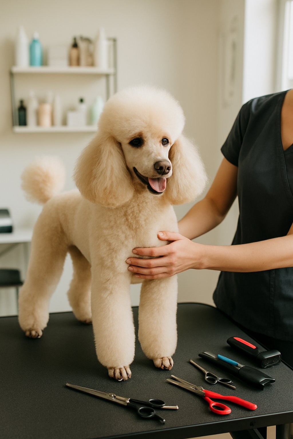 A groomer holding a poodle on a grooming table in a bright salon with grooming tools nearby.