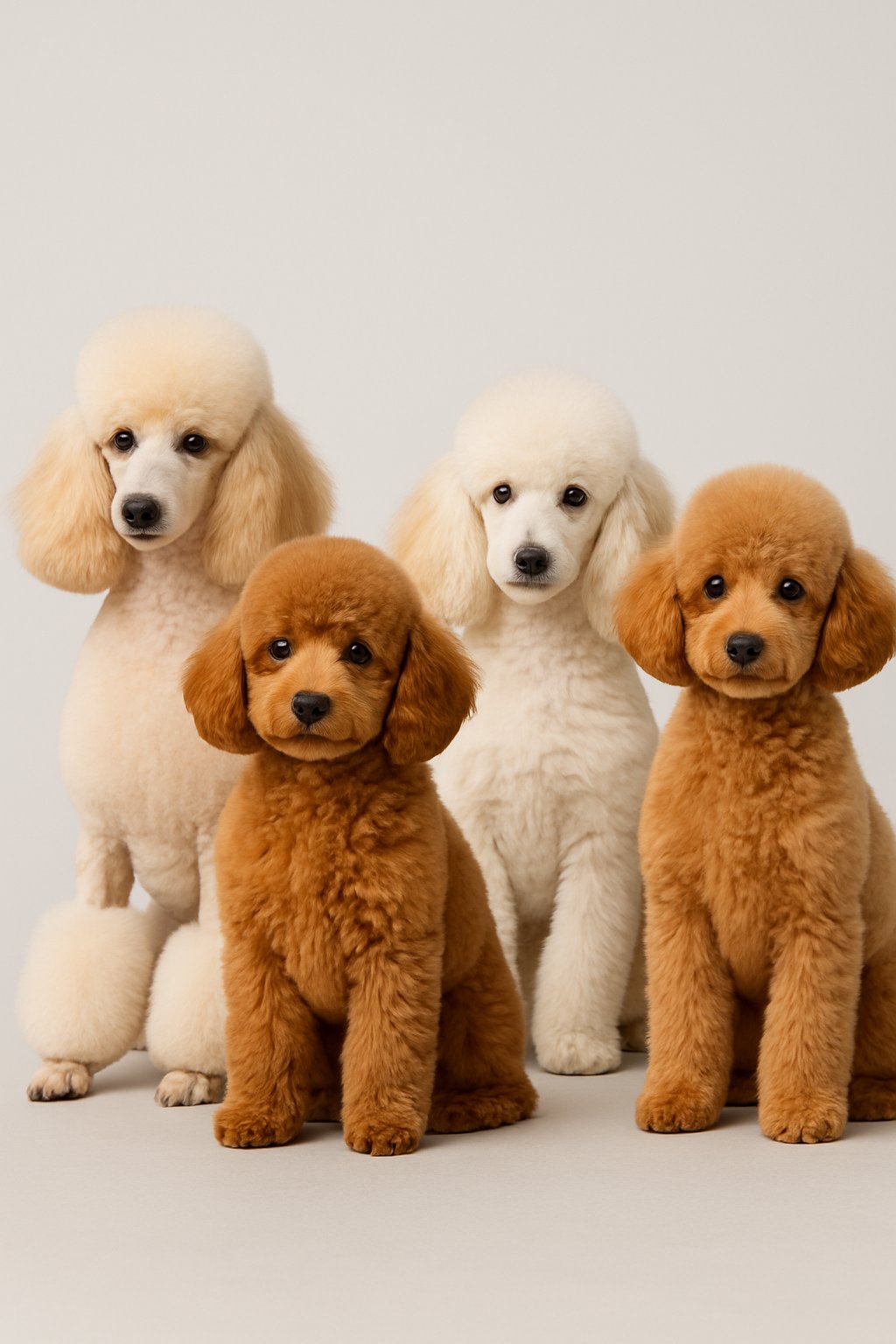 Several poodle puppies with different grooming styles sitting and standing on a plain background.