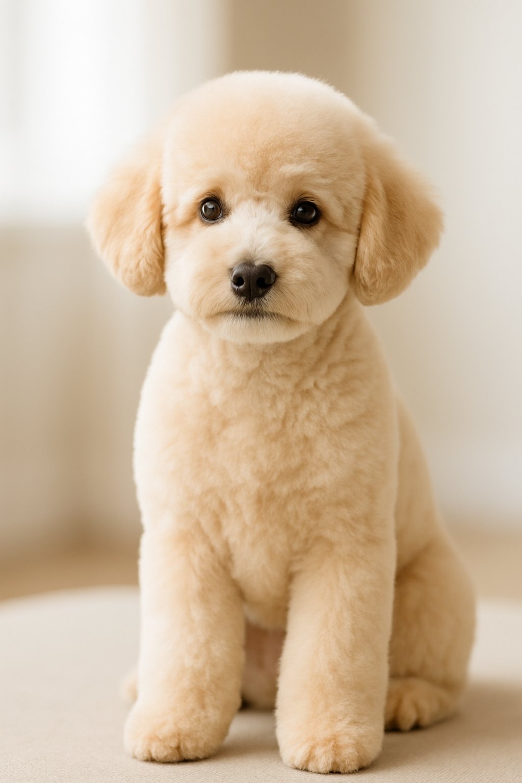 A poodle puppy sitting calmly with a clean, fluffy trimmed coat.