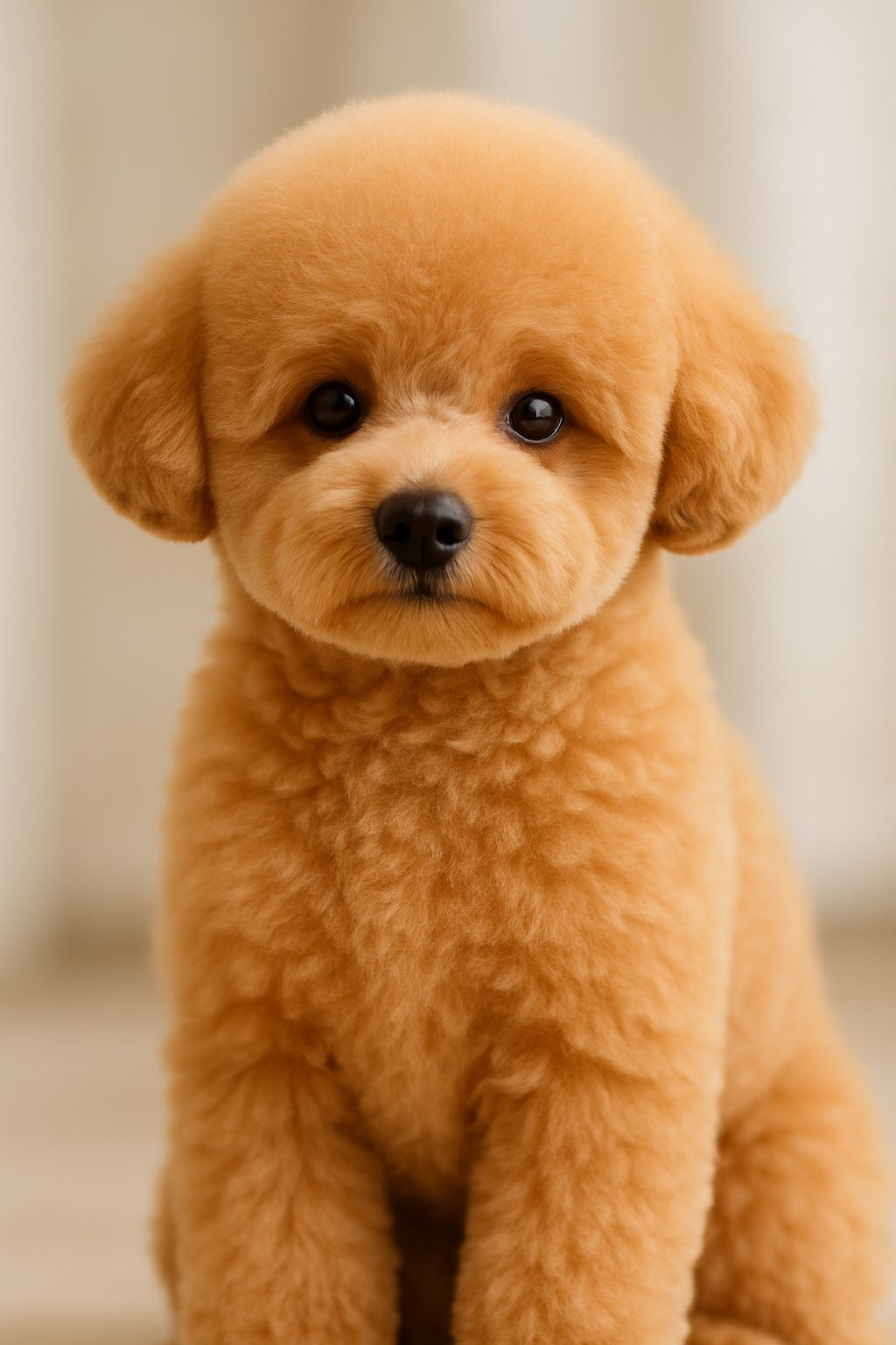 A poodle puppy with a rounded face and fluffy coat sitting and looking at the camera.