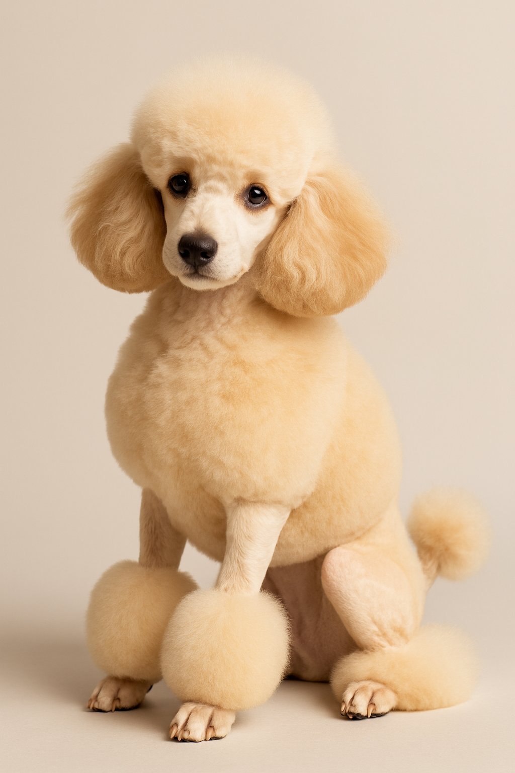 A poodle puppy with shaved legs and fluffy pom-poms on its legs, tail, and head, standing on a neutral background.