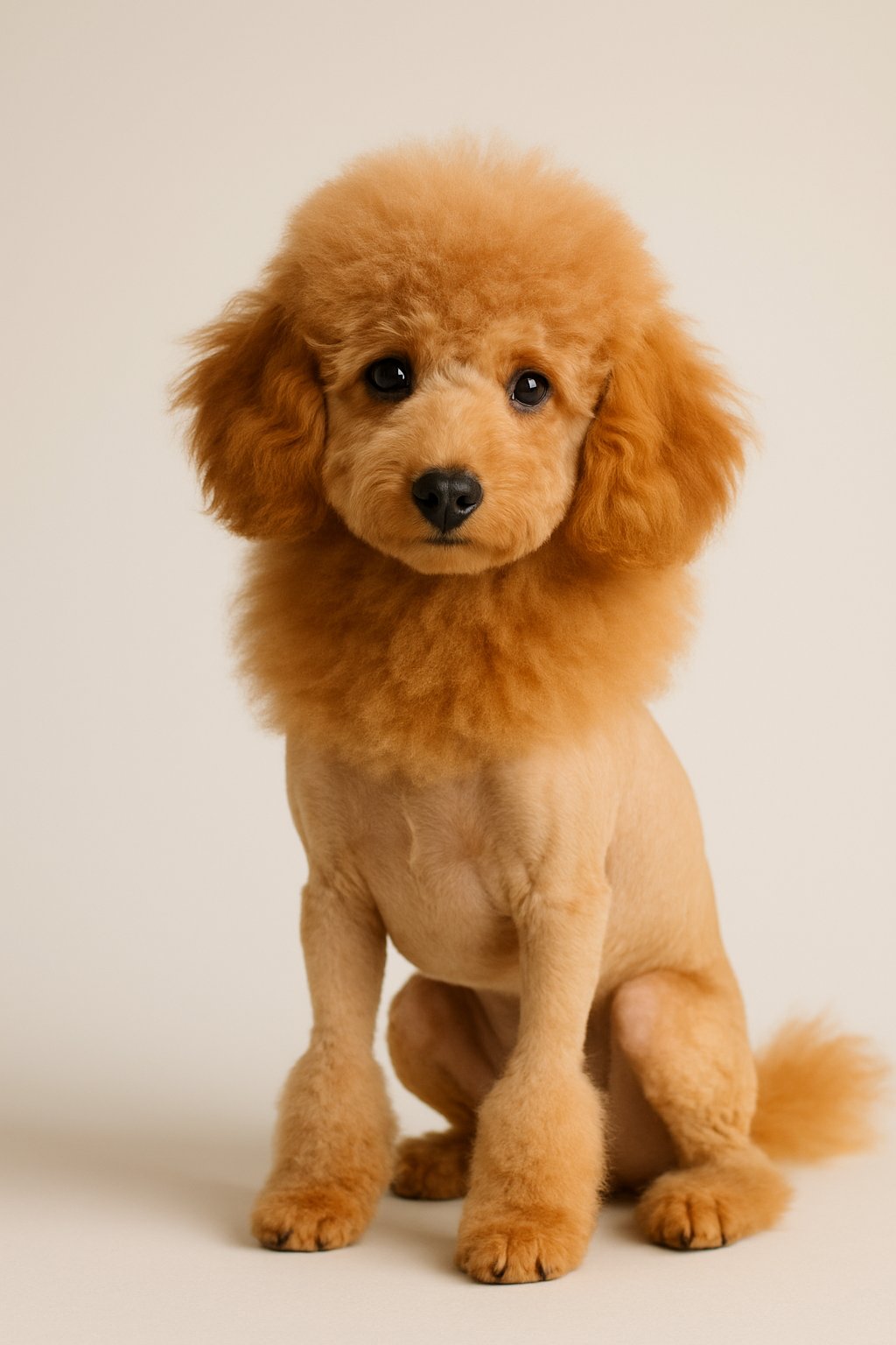 A poodle puppy with a shaved body and a fluffy mane around its neck sitting on a plain background.