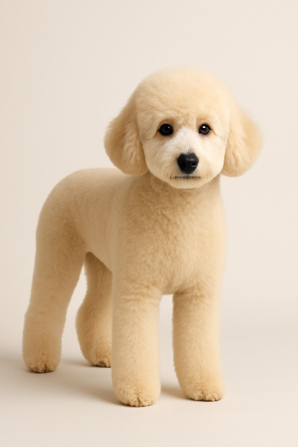 A poodle puppy standing on a neutral background with an evenly trimmed coat all over its body.
