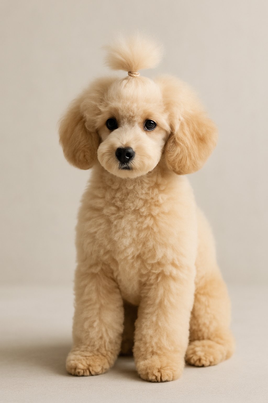 A poodle puppy sitting calmly with its hair tied up on top of its head.