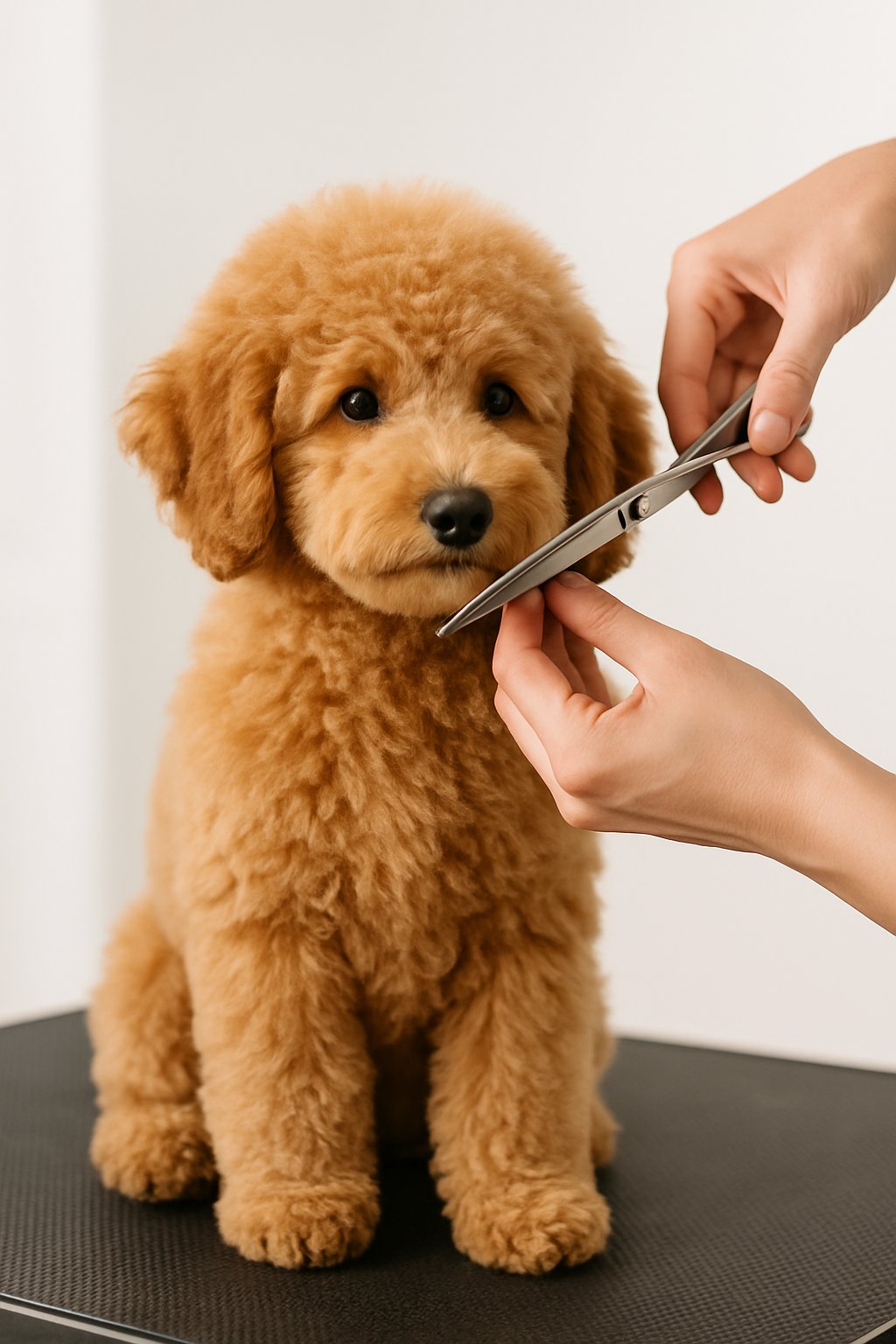 A poodle puppy being carefully groomed with scissors by a person.