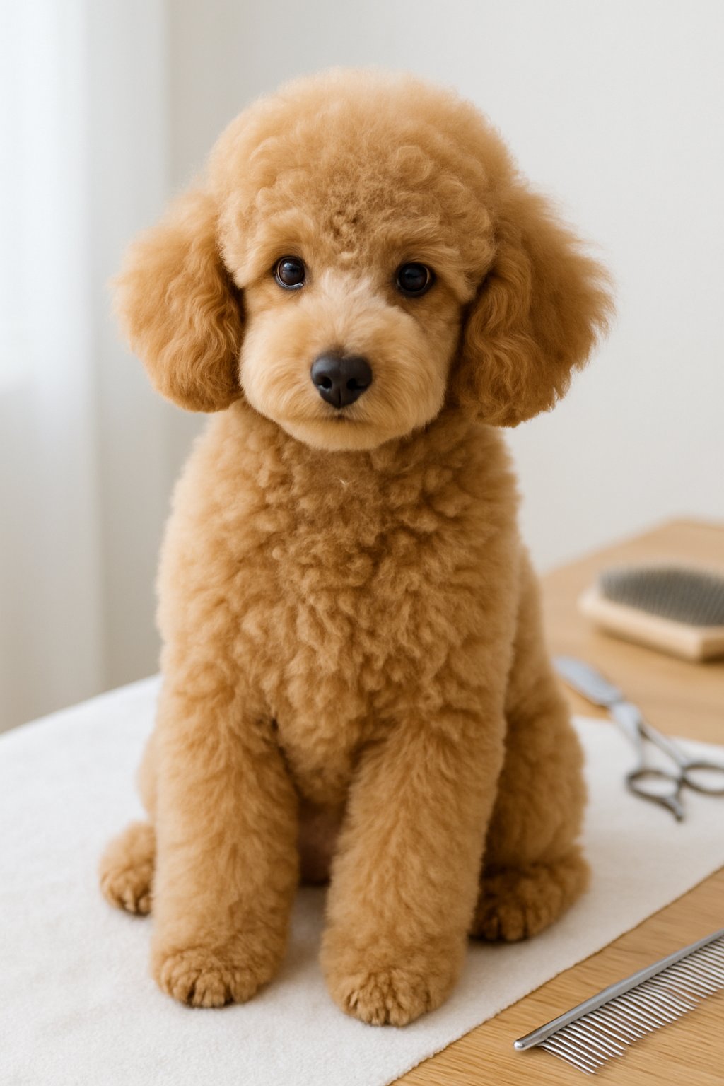 A young poodle puppy with a fluffy coat sitting on a white surface next to grooming tools in a bright studio.