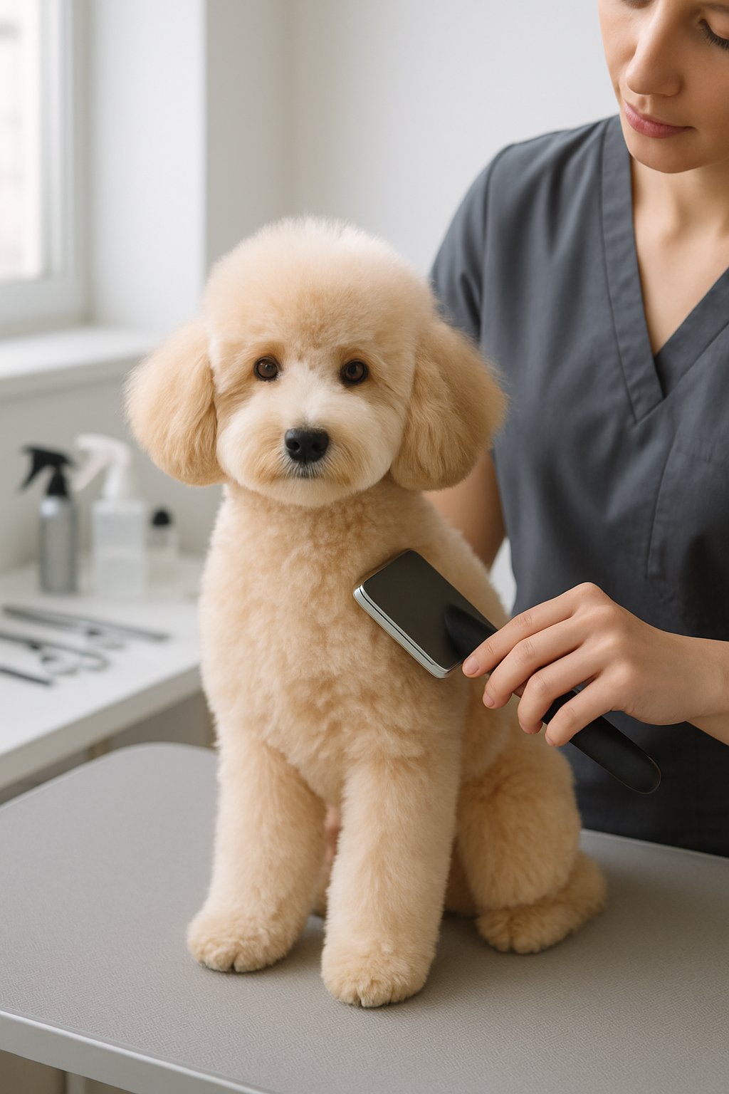 A poodle puppy sitting on a grooming table while a groomer brushes its fur in a bright grooming salon.