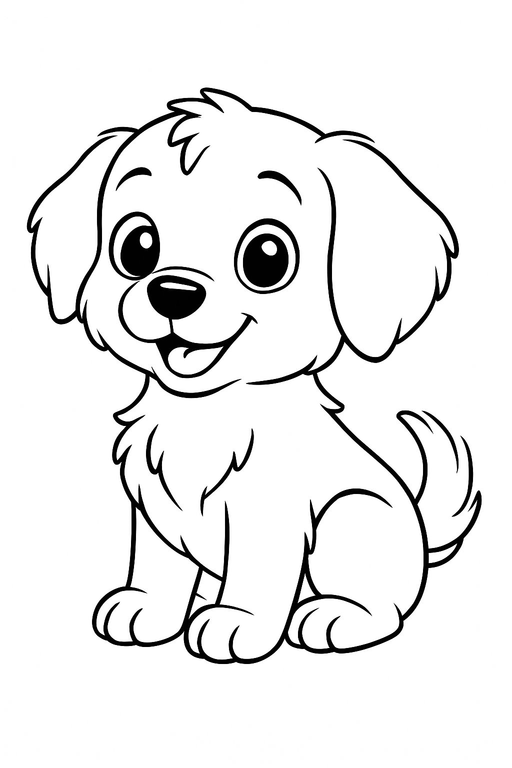 An outline drawing of a small puppy dog sitting with floppy ears and a wagging tail.