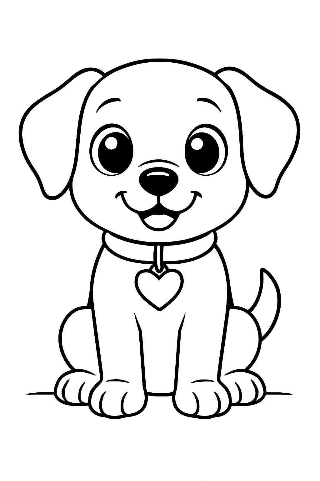Outline drawing of a small puppy sitting with a heart-shaped collar tag around its neck.