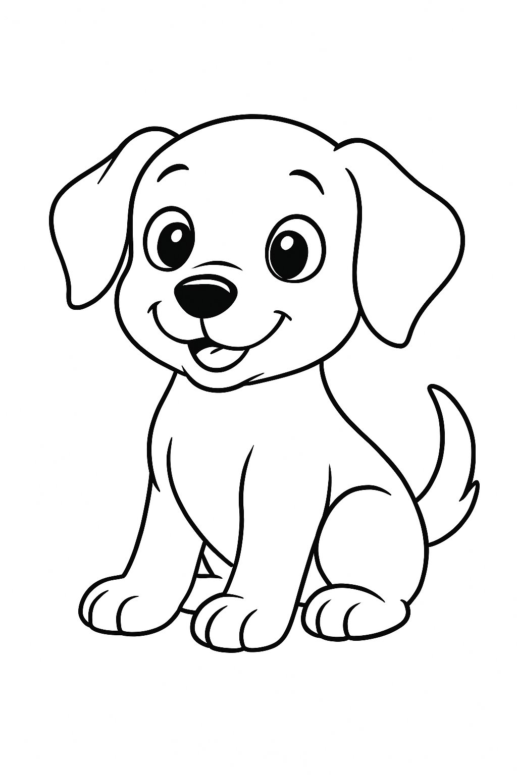 A cute little puppy sitting with its front paws on the ground and looking forward.