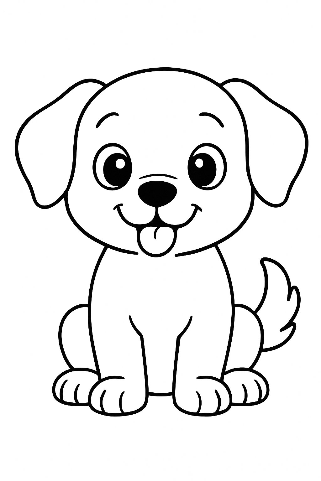 Outline drawing of a smiling little puppy sitting with floppy ears and a fluffy tail.