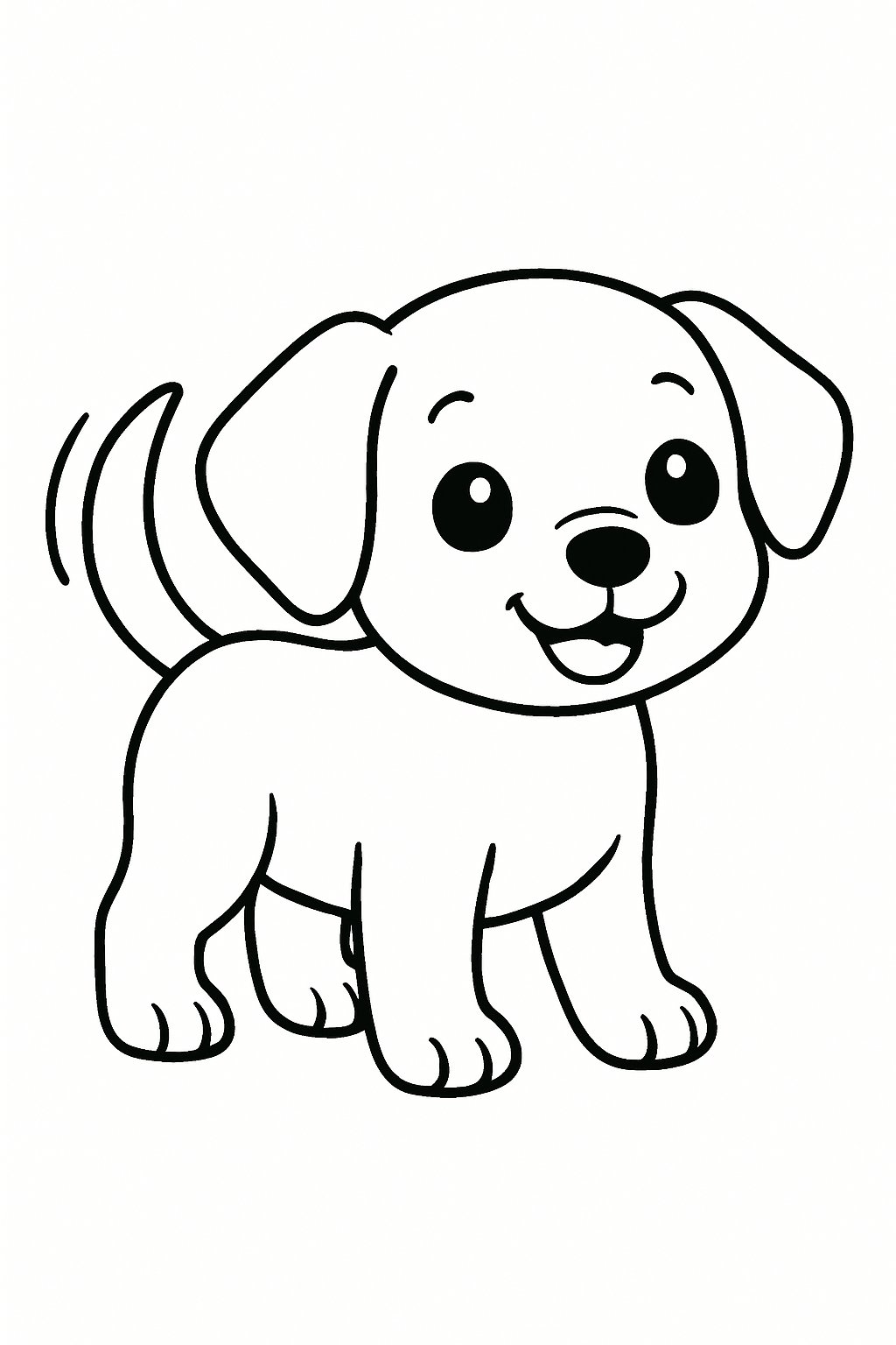 Outline drawing of a small puppy dog standing with a wagging tail and happy expression.