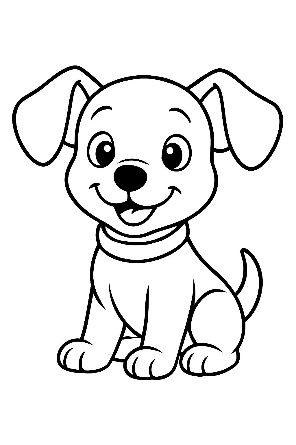 A small puppy with large floppy ears and a collar, sitting and looking happy.