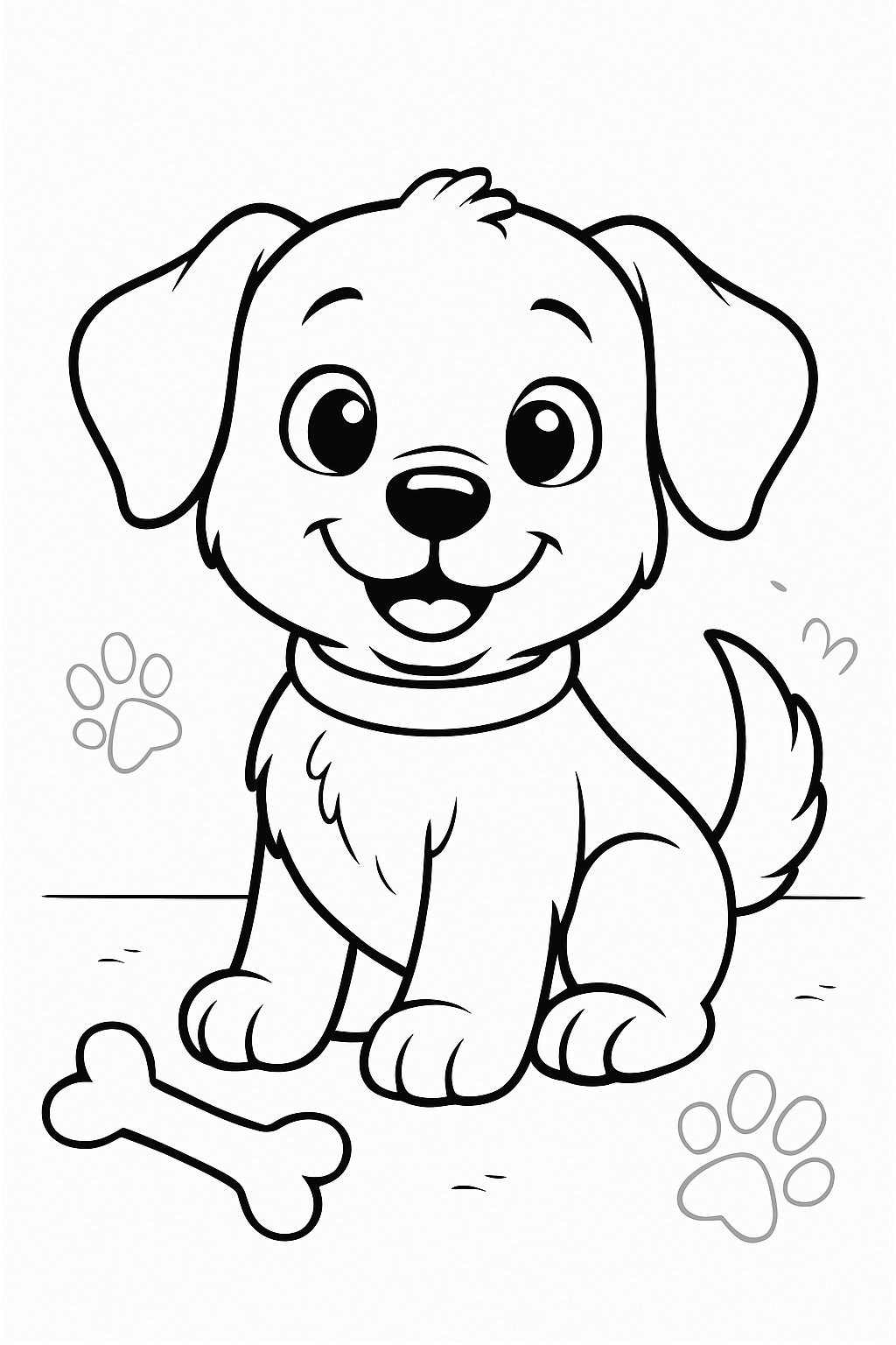 Outline drawing of a small puppy dog sitting with a happy expression and floppy ears.