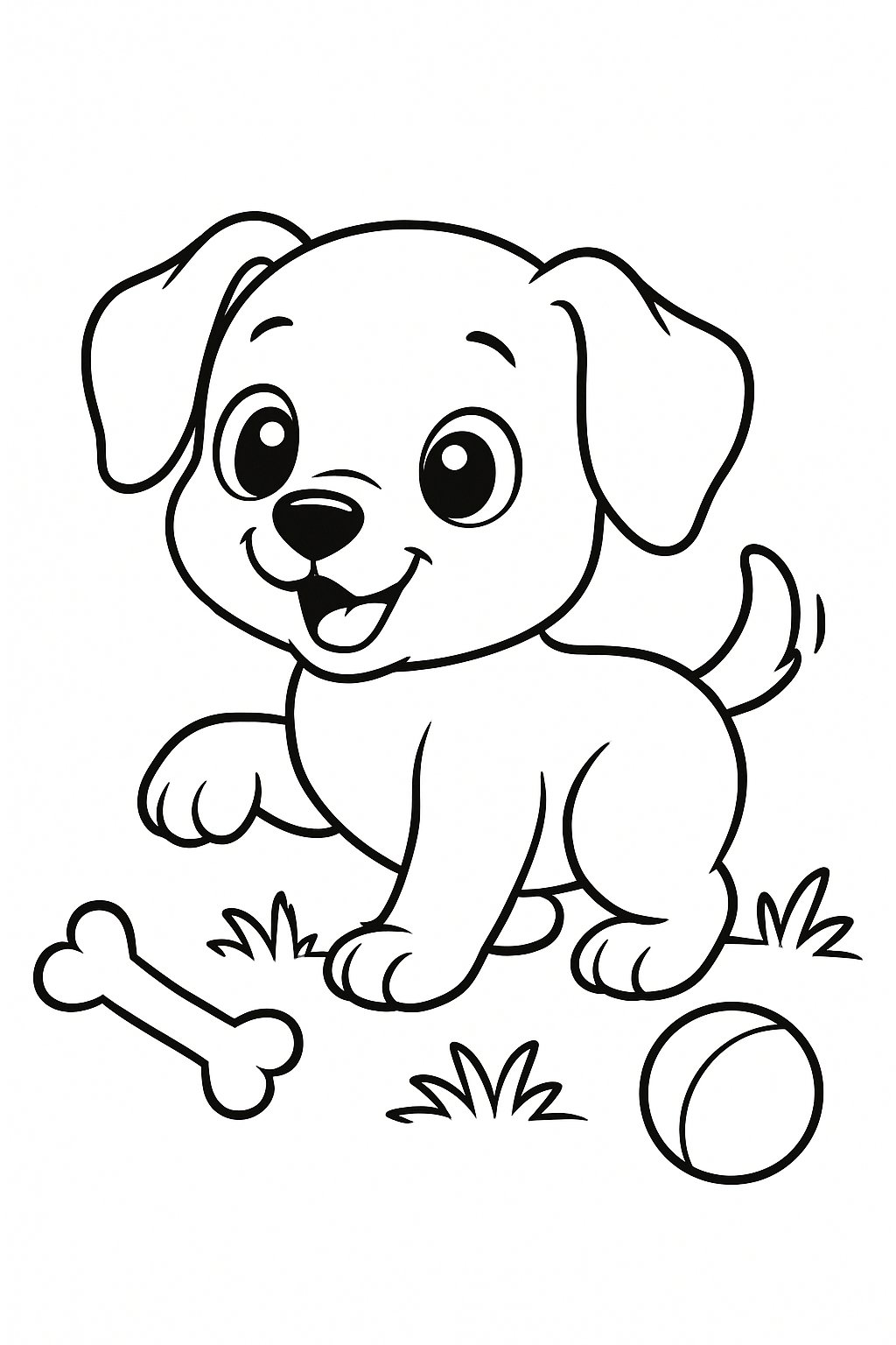 Outline drawing of a cute little puppy dog with a bone, ball, and grass around it.