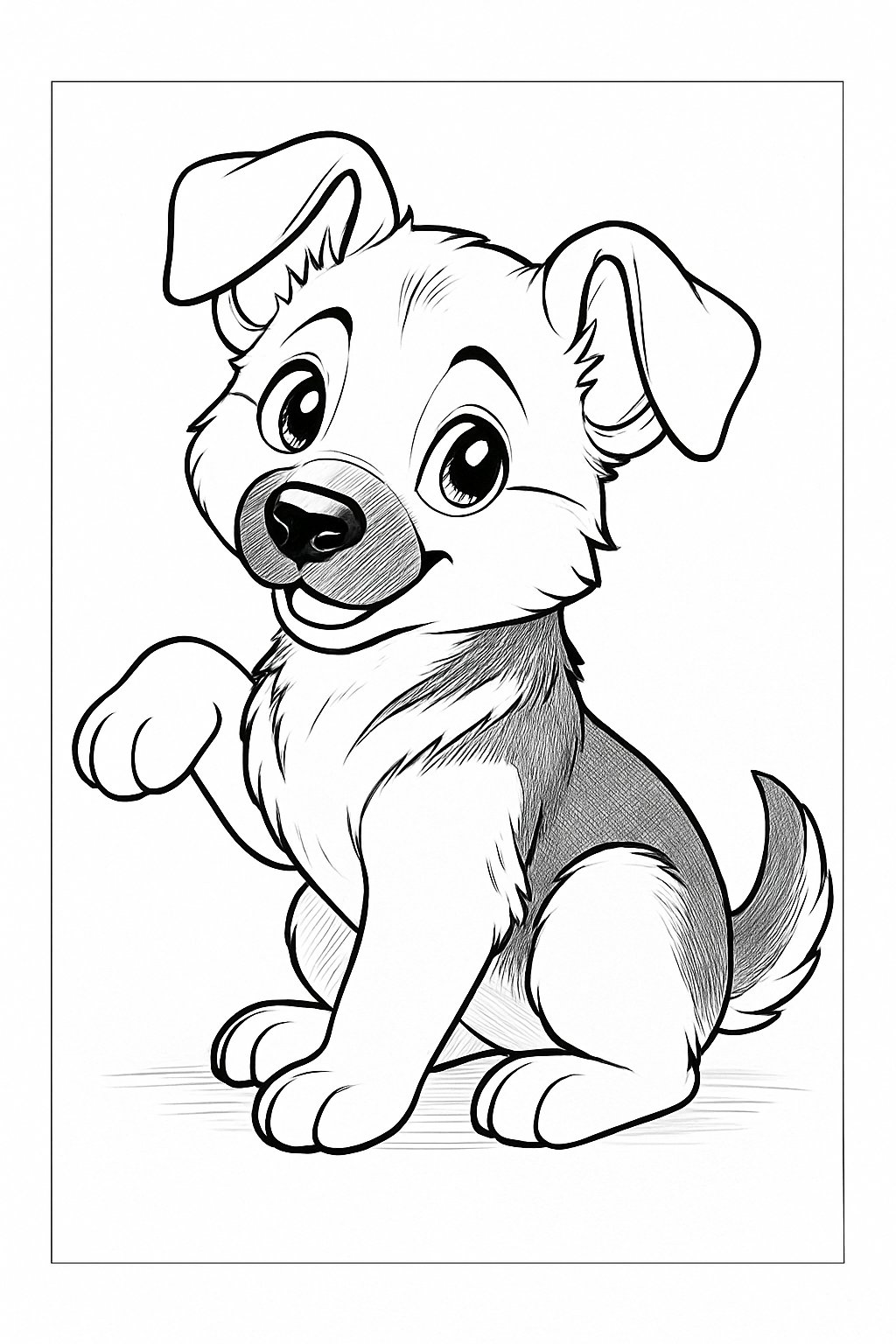 A German Shepherd puppy sitting playfully with one paw raised and head tilted.