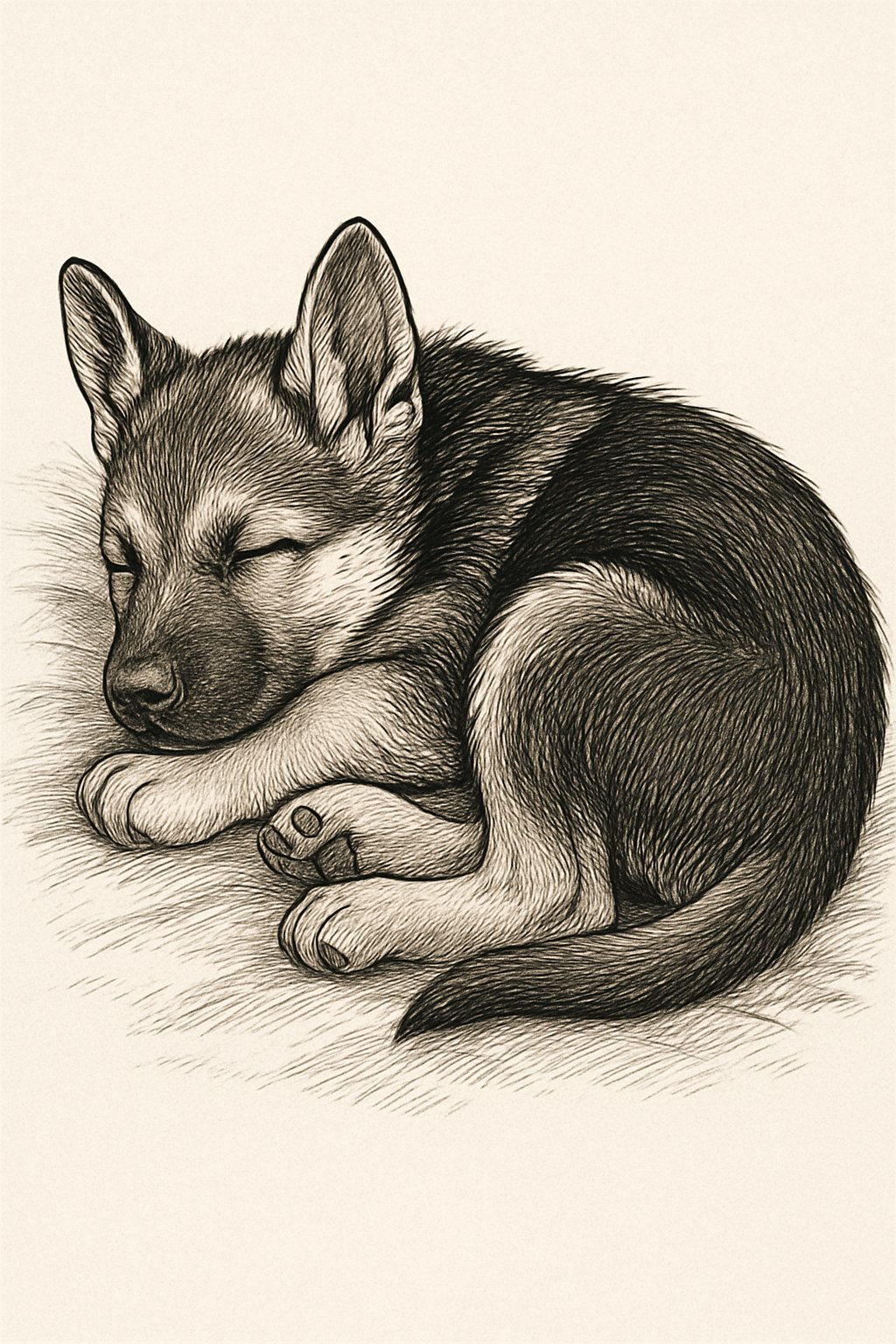 A sleeping German Shepherd puppy curled up peacefully with closed eyes.