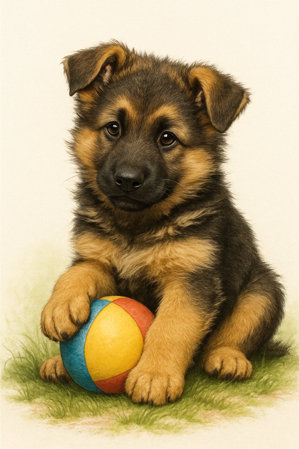 A German Shepherd puppy sitting on grass with a ball between its front paws.