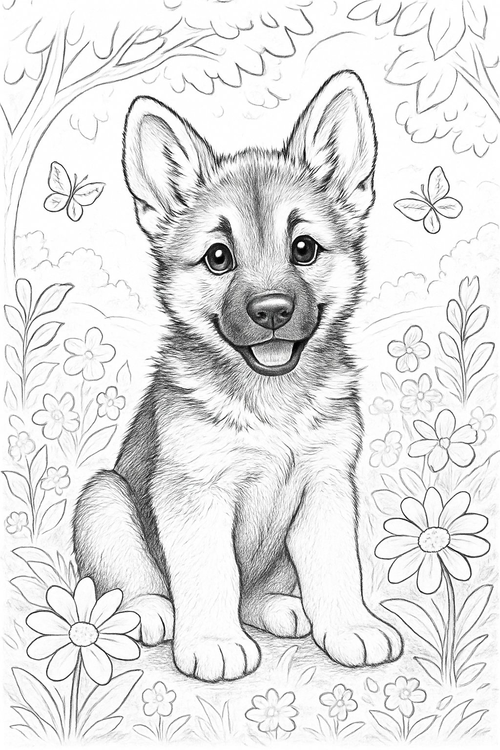 A German Shepherd puppy sitting in a garden surrounded by flowers, grass, and butterflies.