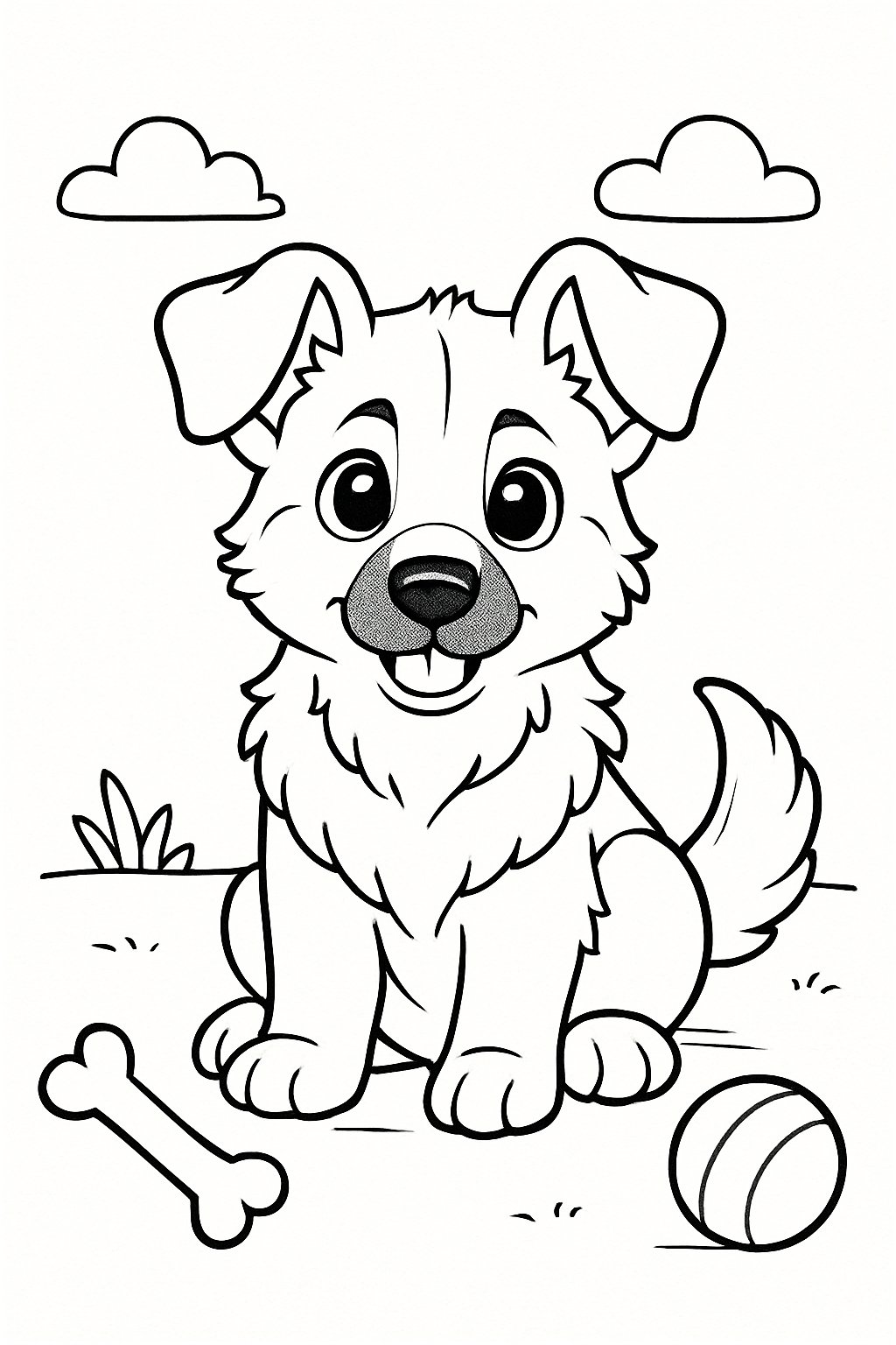 A cute German Shepherd puppy sitting with a bone and a ball nearby.