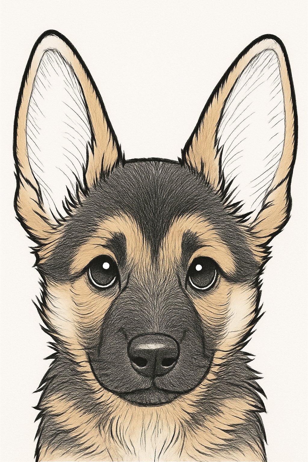 Close-up view of a German Shepherd puppy's ears and upper head with soft fur and gentle eyes.