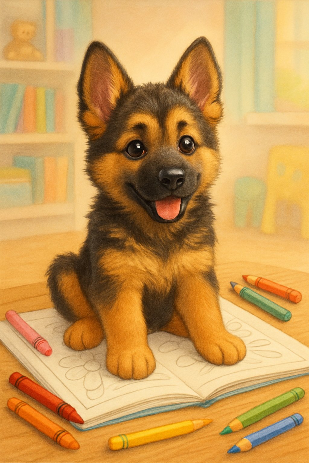 A happy German Shepherd puppy sitting on an open coloring book page with crayons and colored pencils around on a wooden table.