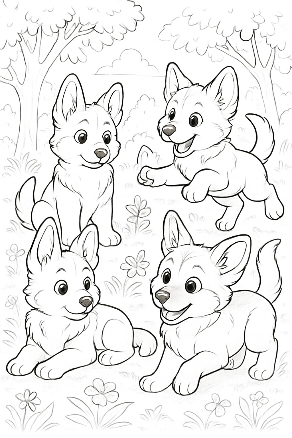 A group of playful German Shepherd puppies in a grassy outdoor setting with flowers and trees.