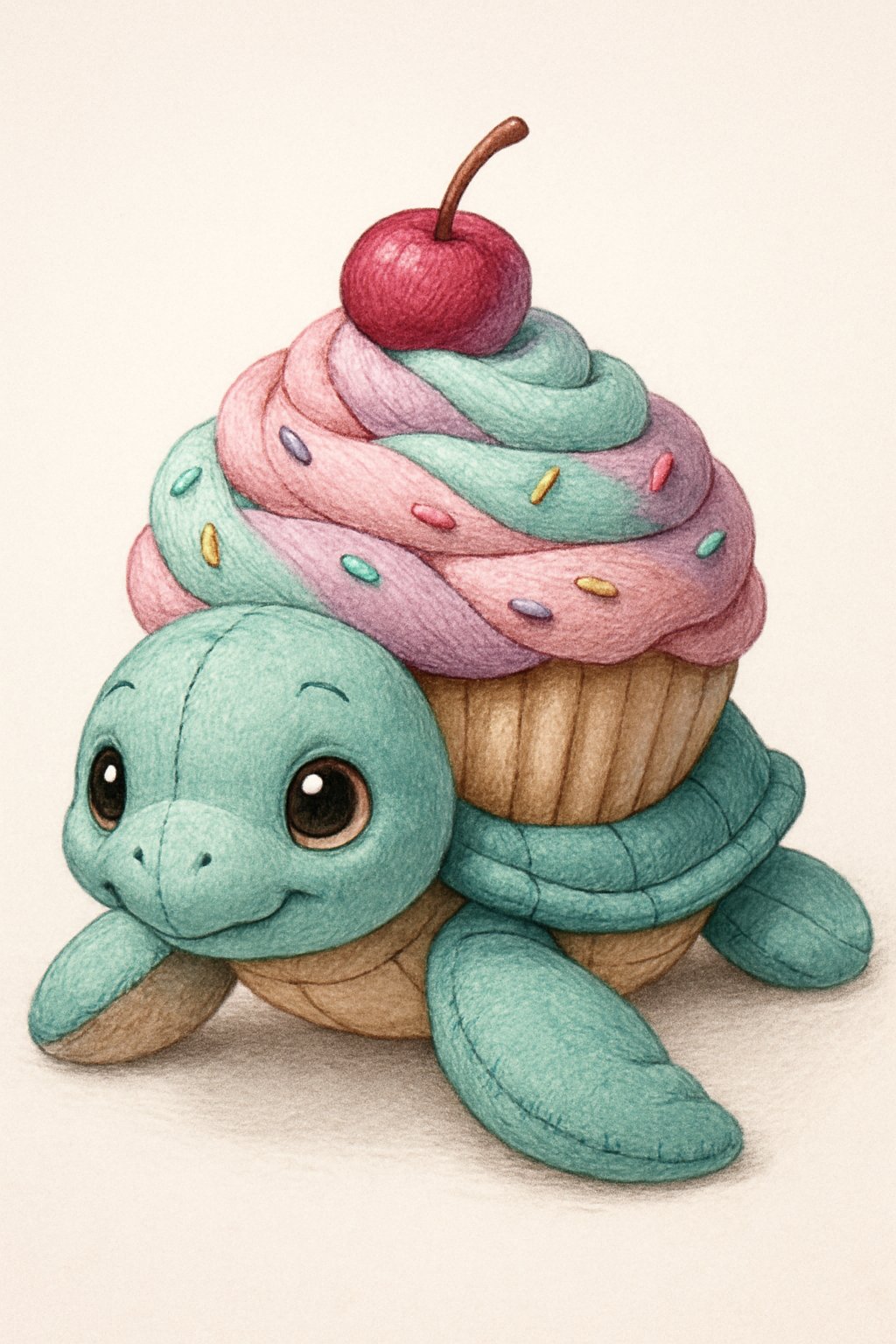 A colorful sea turtle plushie with a cupcake-shaped shell featuring swirled frosting and a cherry on top.