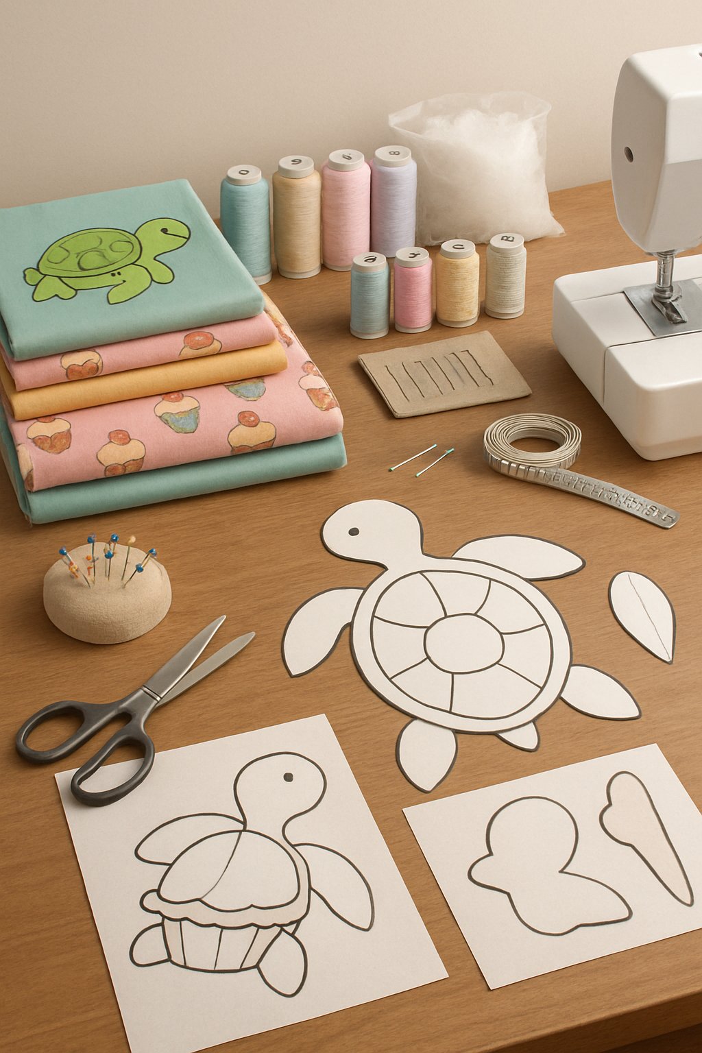 A neatly arranged sewing workspace with colorful fabrics, thread spools, scissors, measuring tape, and sewing tools for making a cupcake sea turtle plushie.