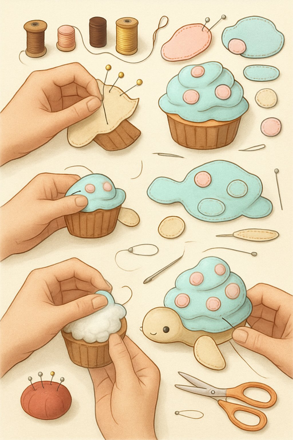 Hands sewing a cupcake sea turtle plushie with sewing tools and fabric pieces arranged on a clean workspace.