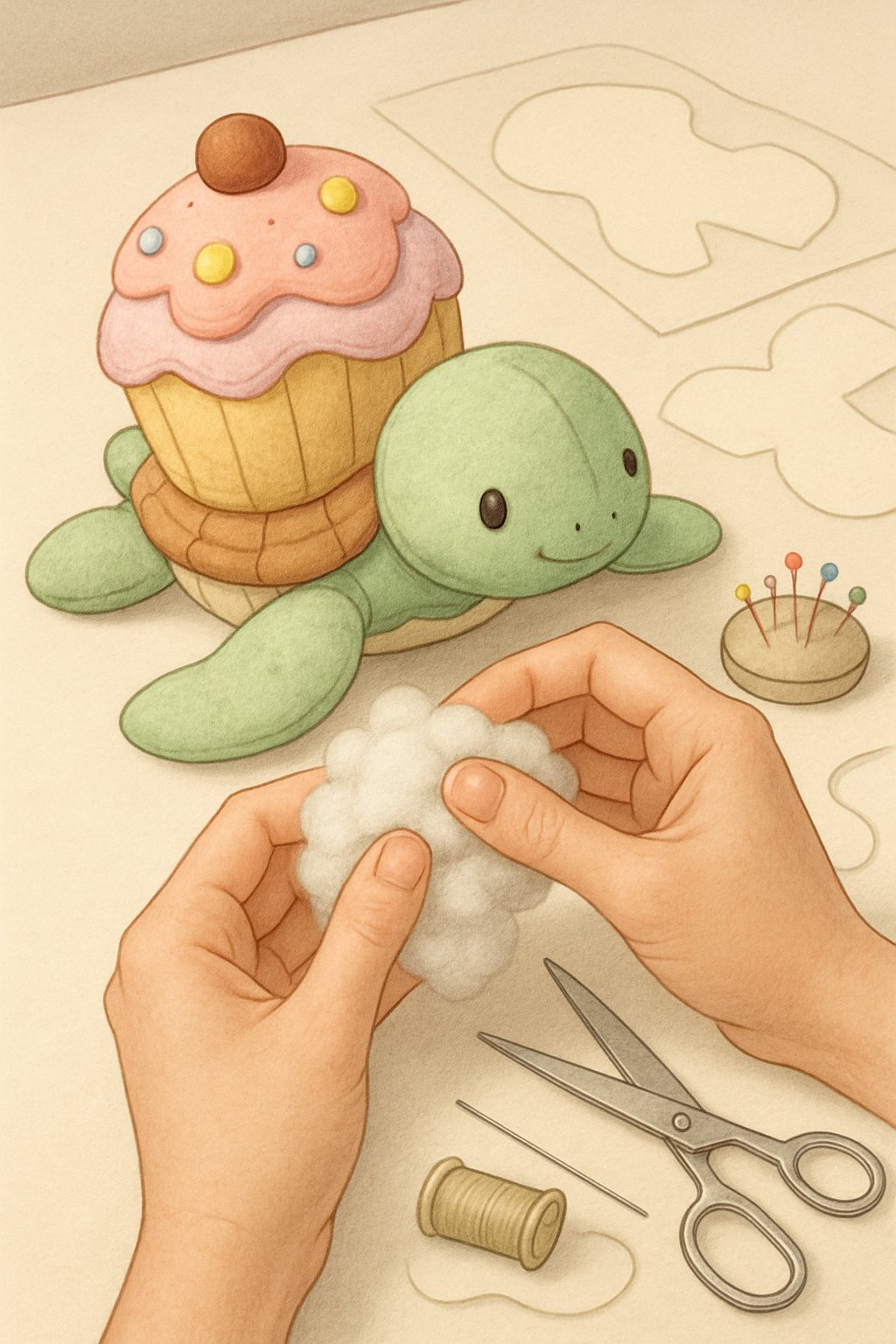 Hands stuffing and assembling a cupcake sea turtle plushie with sewing tools on a clean workspace.
