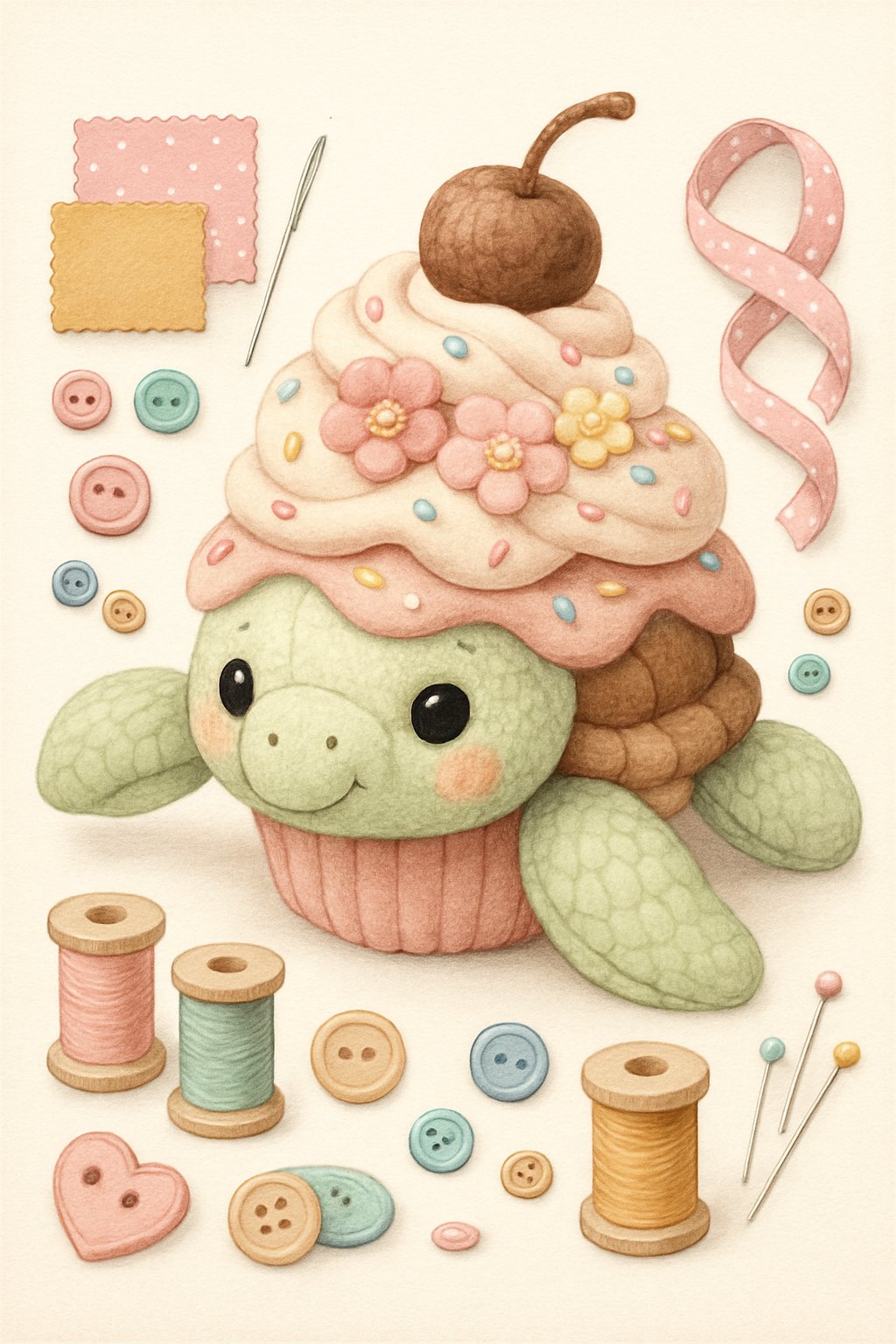 A cupcake-shaped sea turtle plushie surrounded by sewing materials like threads, buttons, and fabric swatches.