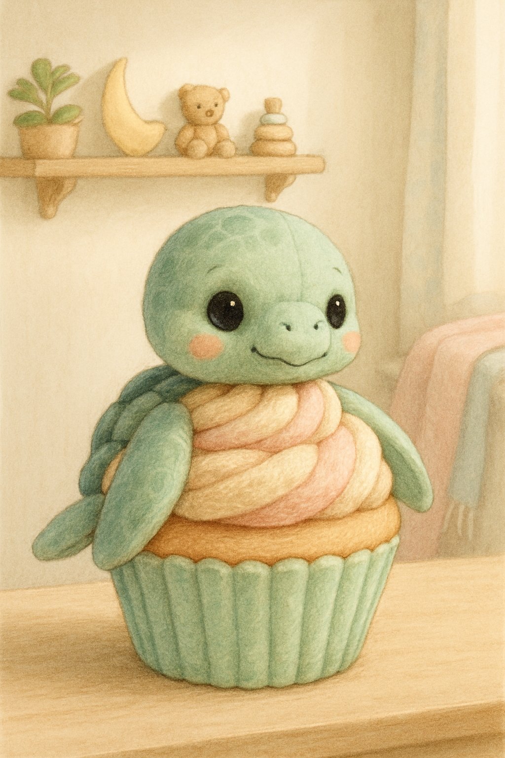 A soft sea turtle plushie designed like a cupcake sitting in a cozy nursery corner with toys and a plant nearby.