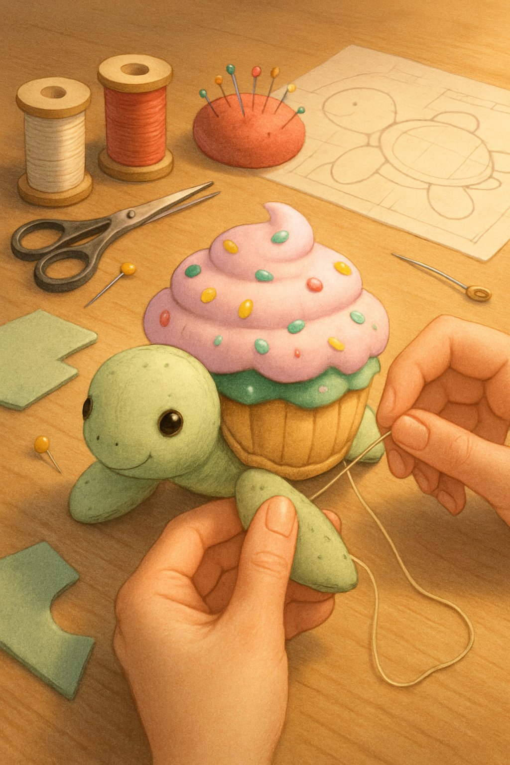 A workspace showing hands sewing a cupcake-shaped sea turtle plushie surrounded by sewing tools and fabric pieces.