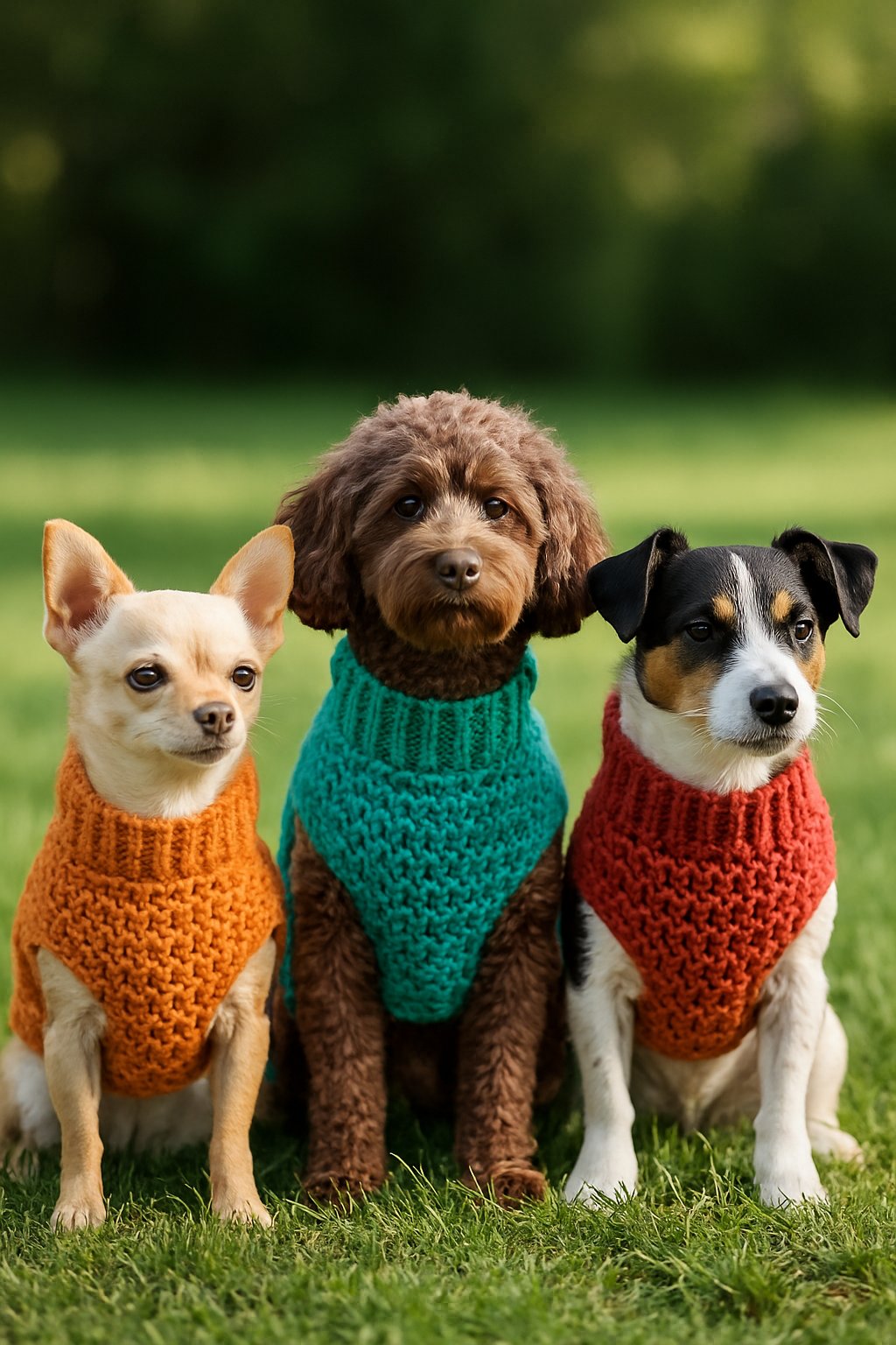 Three small to medium dogs wearing colorful crochet sweaters sitting outdoors on grass.