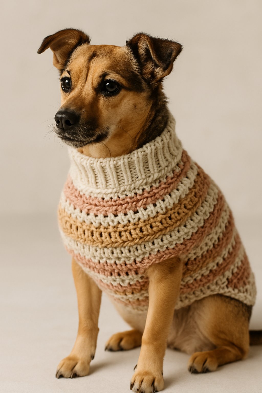 Small dog wearing a cozy crocheted sweater, sitting on a neutral background.