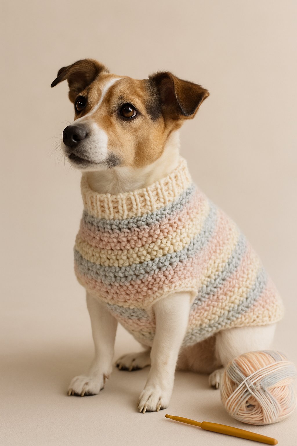 A small dog wearing a handmade crochet sweater sitting calmly with a crochet hook and yarn nearby.
