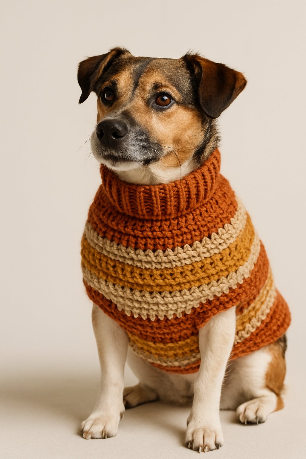 A small dog wearing a cozy crochet sweater sitting calmly on a plain background.