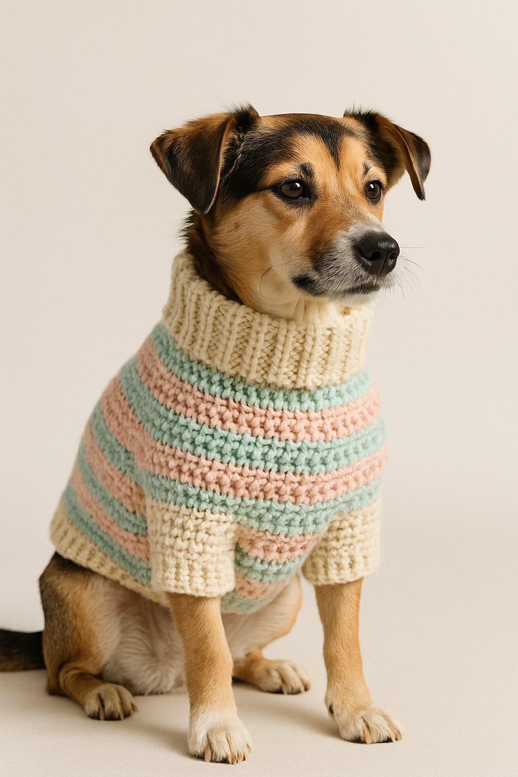 Small dog wearing a crochet sweater, sitting calmly on a plain background.