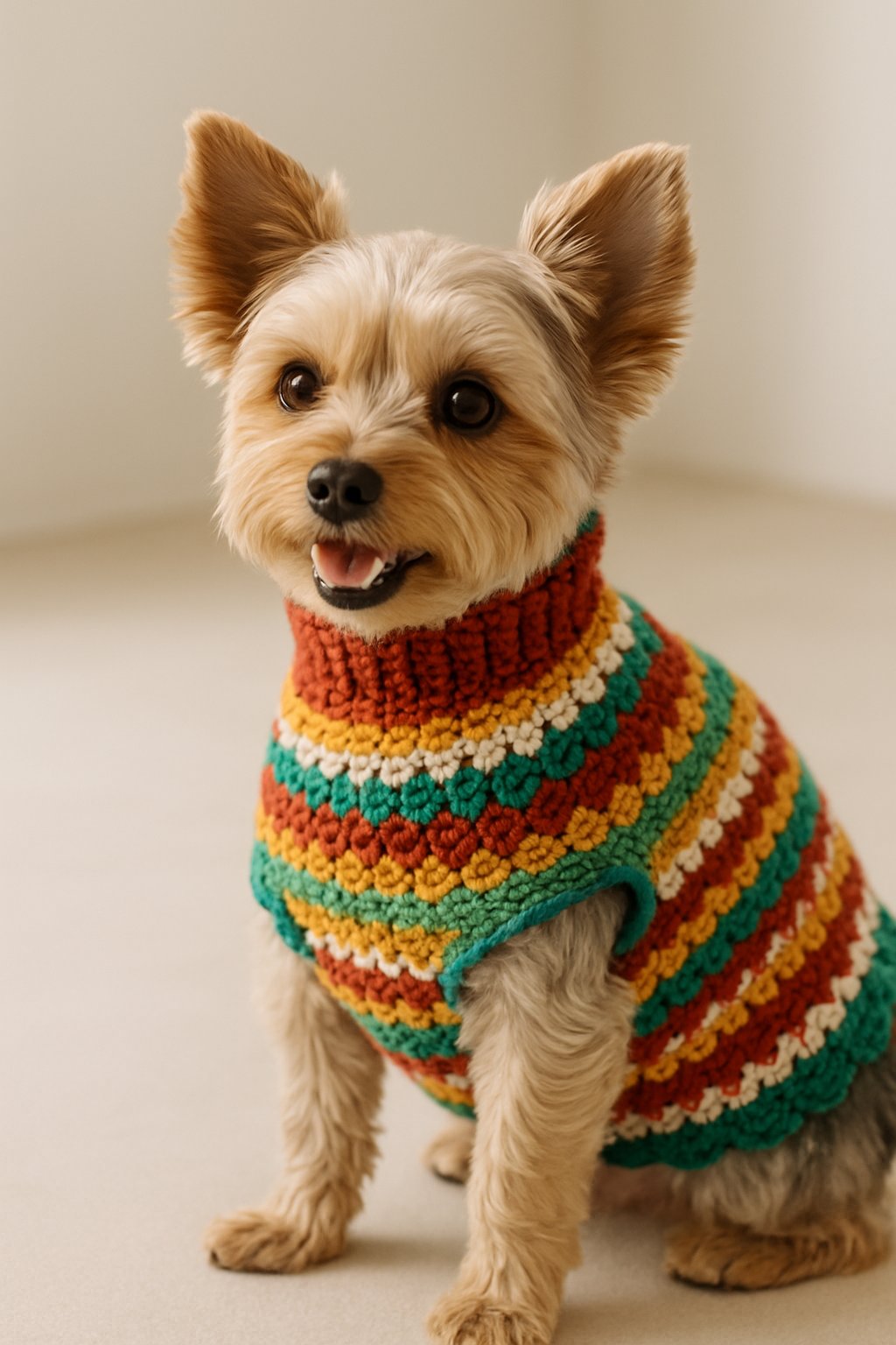A small dog wearing a colorful crochet sweater, sitting calmly on a plain background.