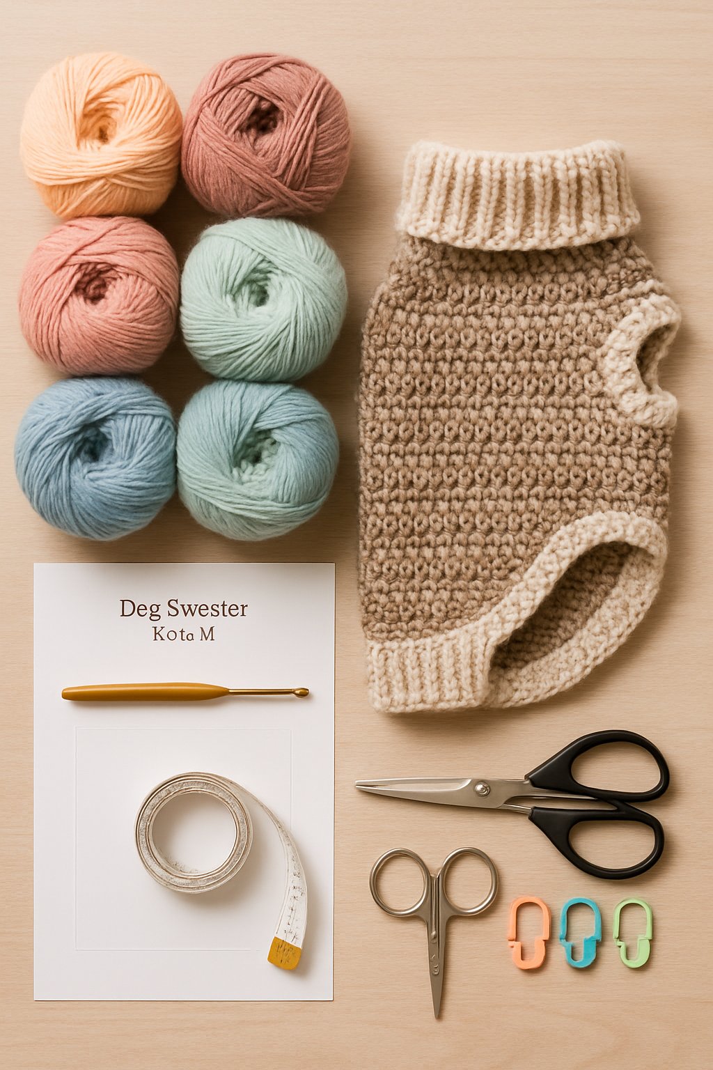 Flat lay of crochet yarn, tools, measuring tape, and a small handmade dog sweater on a light wooden surface.