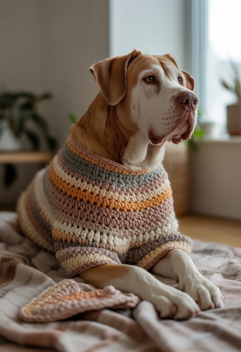 A large dog sitting indoors wearing a handmade crochet sweater.