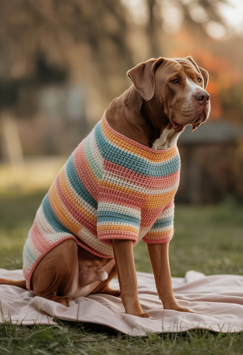 A large dog sitting outdoors wearing a colorful crochet sweater.